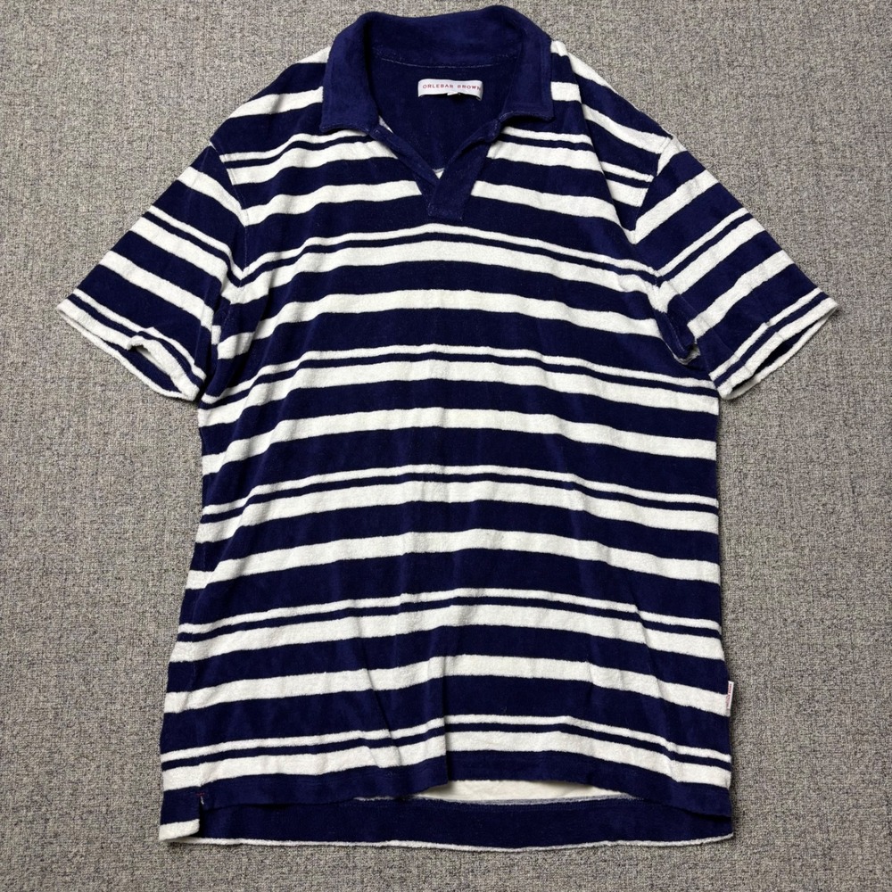 Orlebar Brown Polo Shirt Mens XL Terry Toweling Navy White Striped Short Sleeve